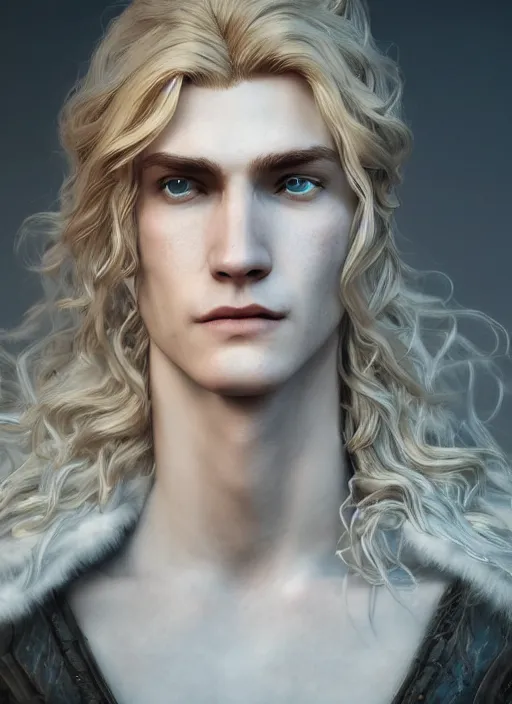 Prompt: An epic fantasy comic book style portrait painting of a pale androgynous prince Lucius with long fluffy curly blond hair and delicate sharp glass angled features, unreal 5, DAZ, hyperrealistic, octane render, cosplay, RPG portrait, dynamic lighting