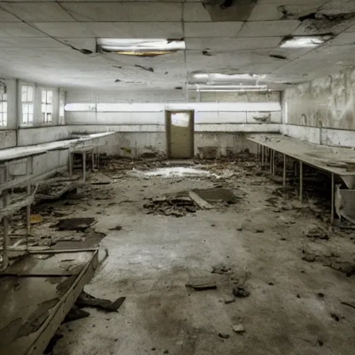 Prompt: surveillance found footage of a cluttered abandoned soviet laboratory, dark fluorescent lighting, liminal space