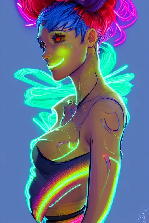 Image similar to a award winning full body portrait of a beautiful woman with stunning eyes in a one off shoulder croptop and cargo pants with rainbow colored hair, outlined by whirling illuminated neon lines and fine lines swirling in circles by jesper ejsing and rhads and makoto and shinkai and lois van baarle, digital art, trending on artstation