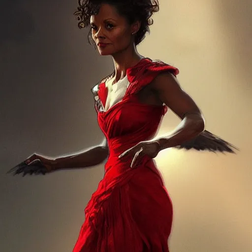 Image similar to full figure ultra realistic illustration, thandie newton wearing a maiden red dress, black wavy hair, old west, intricate, elegant, highly detailed, digital painting, artstation, concept art, smooth, sharp focus, illustration, art by artgerm and greg rutkowski and alphonse mucha