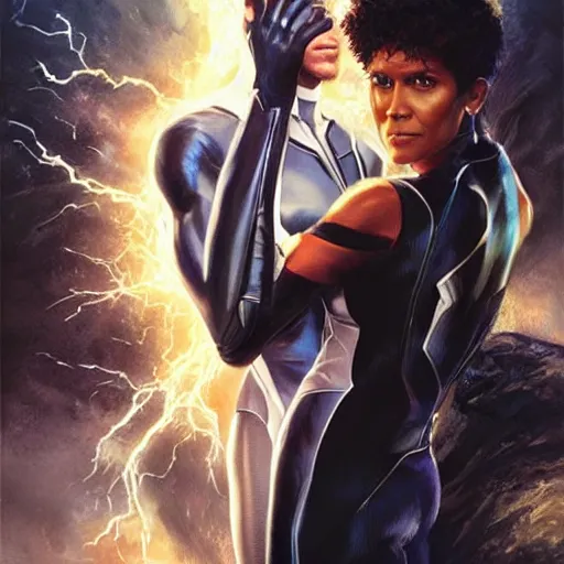 Image similar to chadwick boseman black banther and halle berry as the character strom from x - men, white hair, lightning beings, epic splash cover art,, by artgerm, greg rutkowski, james gurney, alex ross