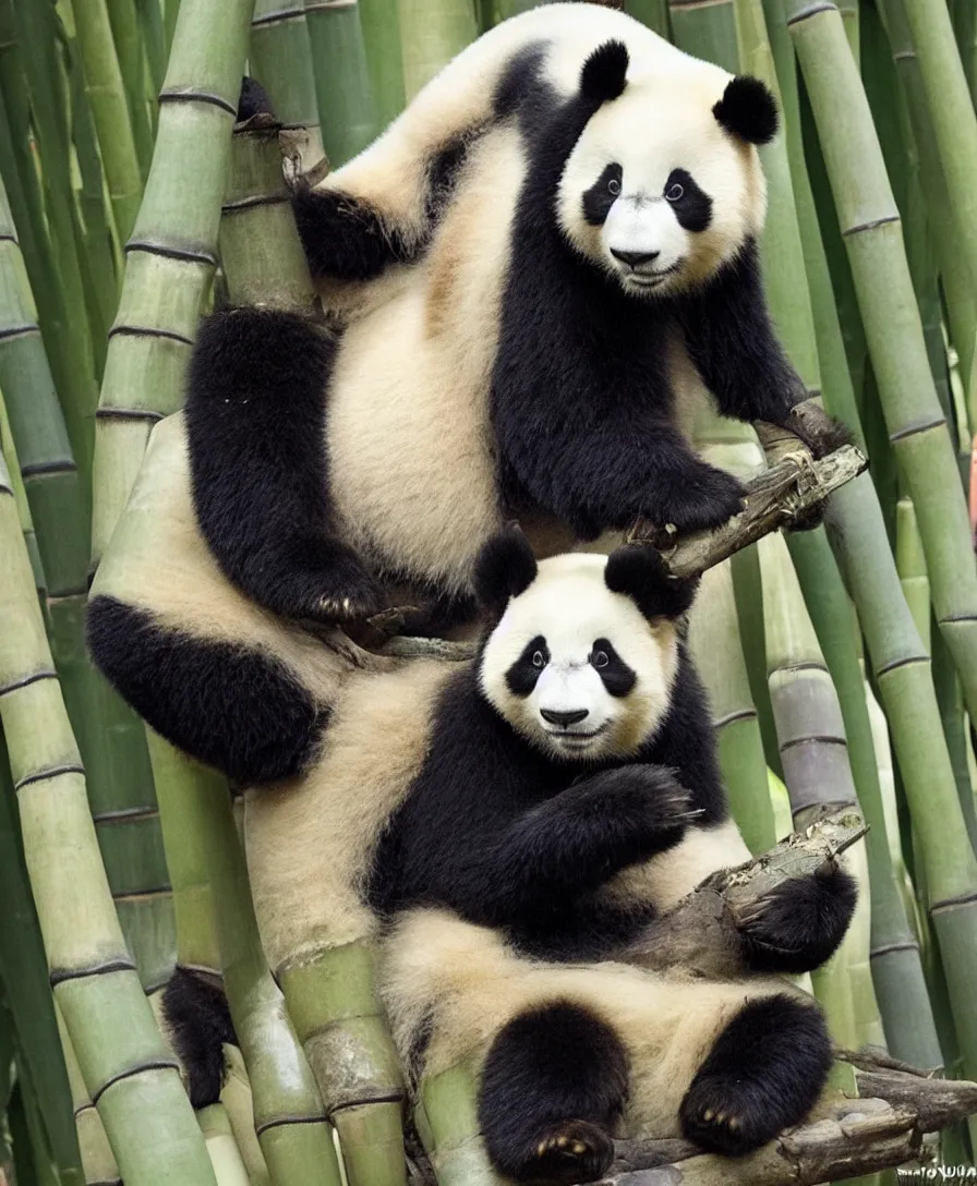 Prompt: an anime panda sitting on a bamboo throne