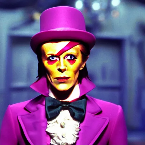 Image similar to photorealistic movie still of David Bowie as Willy Wonka 4k HDR amazing lighting
