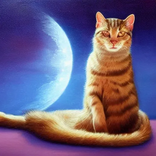 Prompt: cat praying to the moon goddess. hyper realistic, fantastic, moonlit, glow, atmospheric, detailed high resolution oil painting