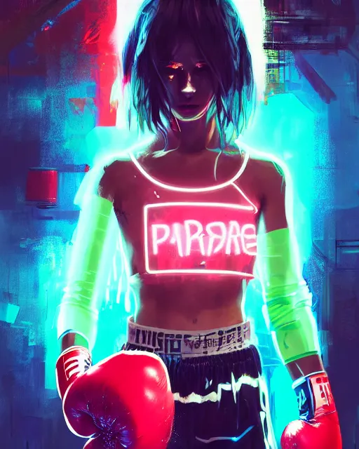 Image similar to detailed portrait Neon boxer Girl, cyberpunk futuristic neon, reflective crop top and shorts, boxing gloves, decorated with traditional Japanese ornaments by Ismail inceoglu dragan bibin hans thoma greg rutkowski Alexandros Pyromallis Nekro Rene Maritte Illustrated, Perfect face, fine details, realistic shaded, fine-face, pretty face