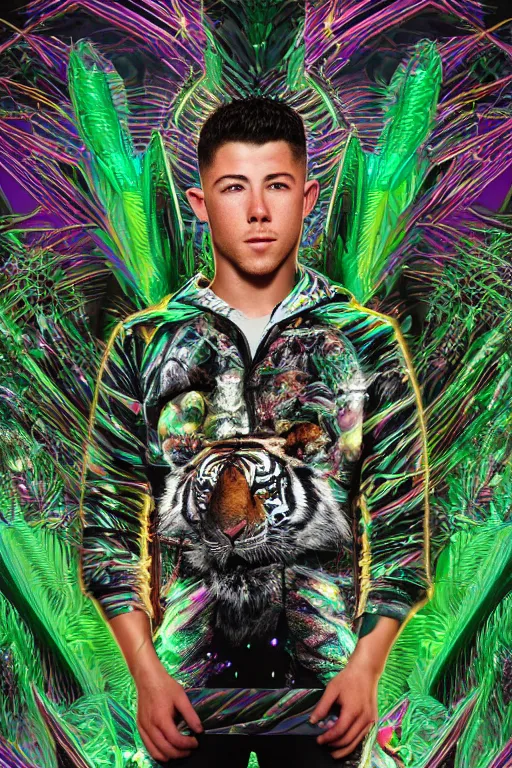 Prompt: hyper detailed ultra sharp portrait of baroque and bladerunner delicate neon emerald and onyx sculpture of ( handsome muscular king nick jonas ) ( ( striped tigers ) ) wearing ( ( metallic green hoody ) ) ( holding a glass neon skull ) space dungeon, glowing glass palm trees, crown of white diamonds, cinematic lighting, photorealistic, octane render 8 k depth of field 3 d