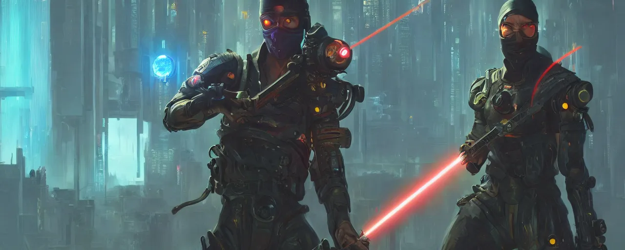 Prompt: cyberpunk ninja with laser sword, highly detailed oil painting, unreal 5 render, rhads, Bruce Pennington, tim hildebrandt, digital art, octane render, beautiful composition, trending on artstation, award-winning photograph, masterpiece