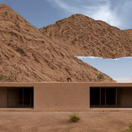 Image similar to desert house made from rammed earth and weathered steel, courtyard with cactus and palo verde trees, photorealistic, detailed, cinematic lighting