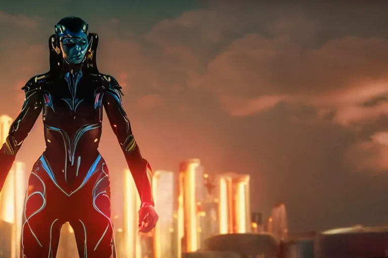 Prompt: VFX movie closeup portrait of a futuristic inhuman alien hero woman in spandex armor in future city, landing pose neon lighting by Emmanuel Lubezki