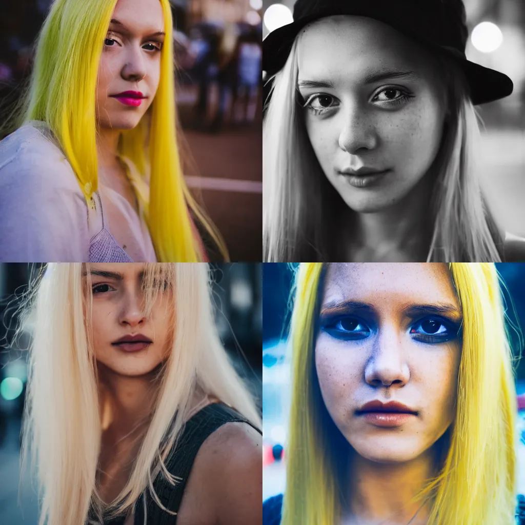 Prompt: girl with long yellow hair wearing a crop top at a night sreet, close - up face, portrait, dslr 3 5 mm
