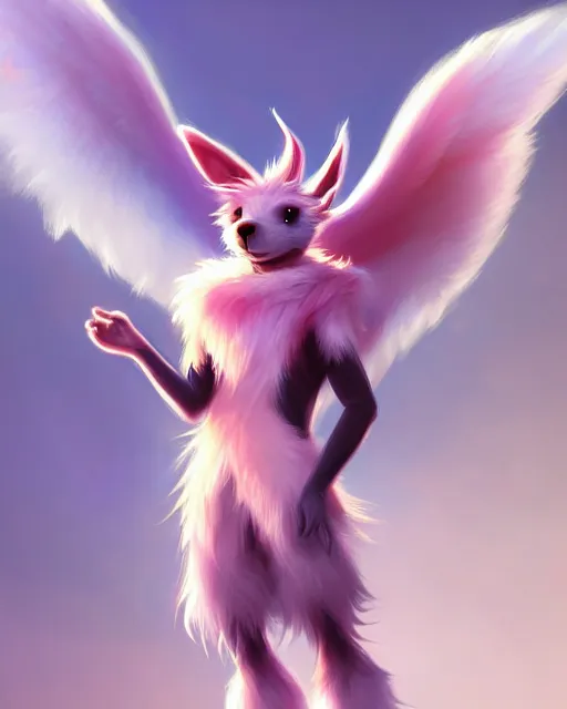 Image similar to character concept art of a cute young male anthropomorphic colorful furry angel dragon | | cute - fine - face, pretty face, key visual, realistic shaded perfect face, fine details by stanley artgerm lau, wlop, rossdraws, james jean, andrei riabovitchev, marc simonetti, and sakimichan, trending on artstation