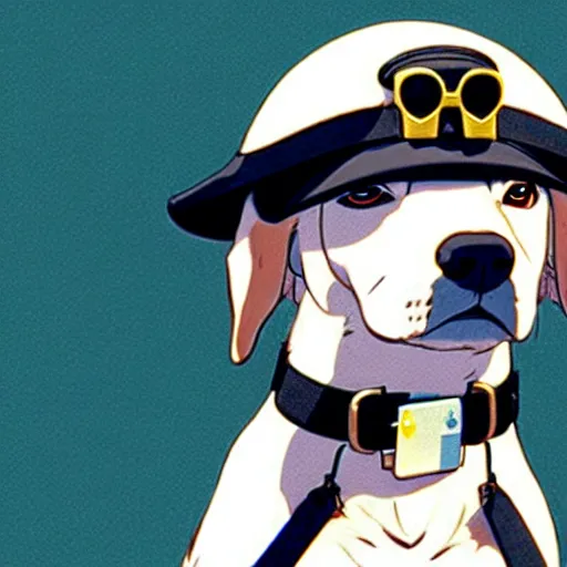 Prompt: dog as a mall cop, wearing a fun hat, makoto shinkai ghibli takashi takeuchi yoshiyuki sadamoto jamie wyeth james gilleard greg rutkowski chiho aoshima
