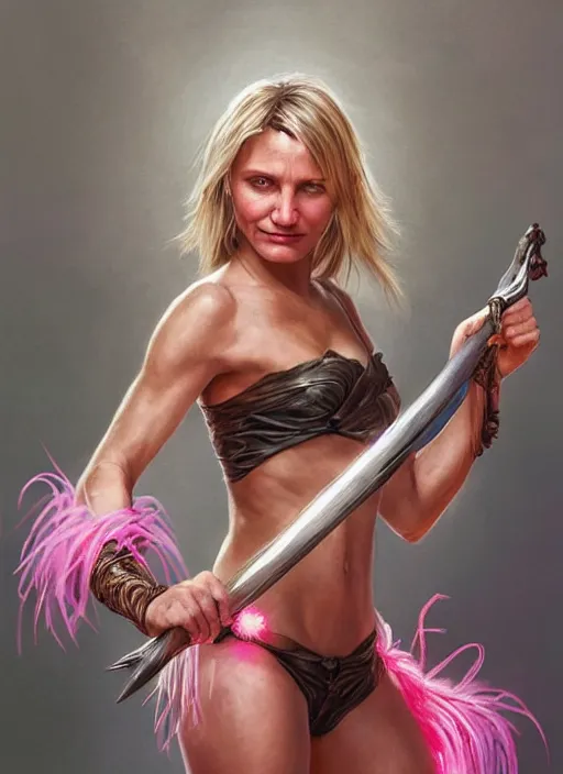 Image similar to serious looking Cameron Diaz as a ruggedly handsome heroine wearing pink feathers and wielding a glowing sword, intricate, elegant, tasteful, highly detailed, centered, digital painting, artstation, concept art, smooth, sharp focus, illustration, art by artgerm and donato giancola and Joseph Christian Leyendecker, WLOP