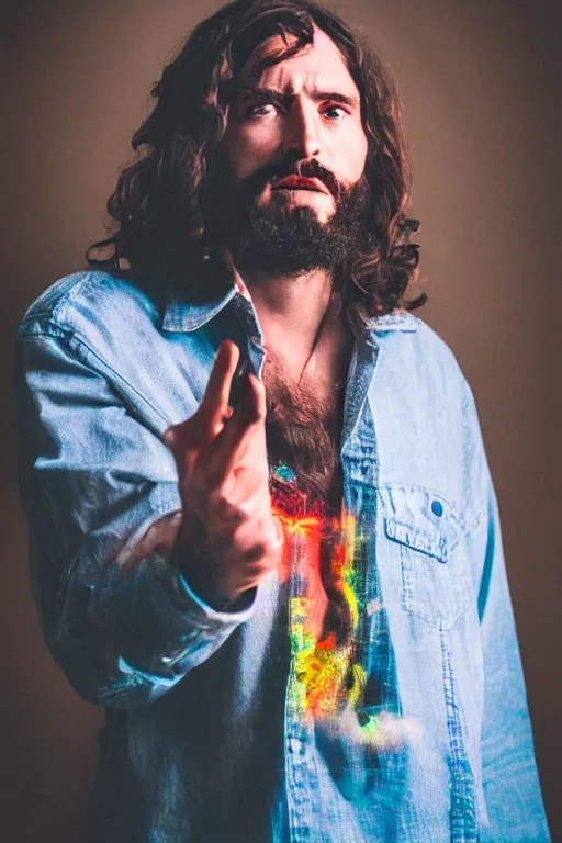 Image similar to portrait photography, jesus smoking a blunt, colorful, drmatic lighting