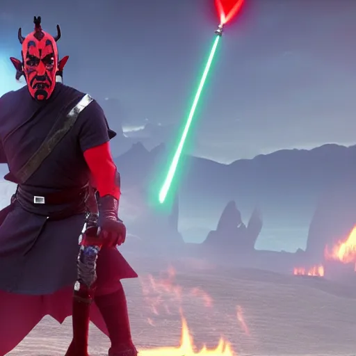 Prompt: Film still of Darth Maul, from The Legend of Zelda: Breath of the Wild (2017 video game)