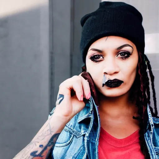 Prompt: photograph portrait of a mixed woman with face tattoos smoking a cigarette wearing a black beanie and black bomber jacket, urban environment, depth of field, 8k, hd, award-winning, 82 mm sigma