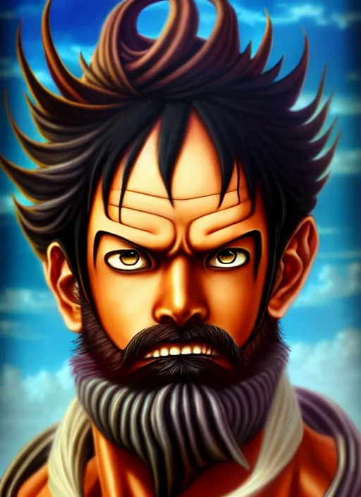 Image similar to luffy as _ fantasy _ style _ portrait _ painting _ of middle eastern male brown wavy hair beard, rpg dnd oil _ painting _ unreal _ 5 _ daz. _ rpg _ portrait _ extremely _ detailed _ artgerm _ greg _ rutkowski _ greg