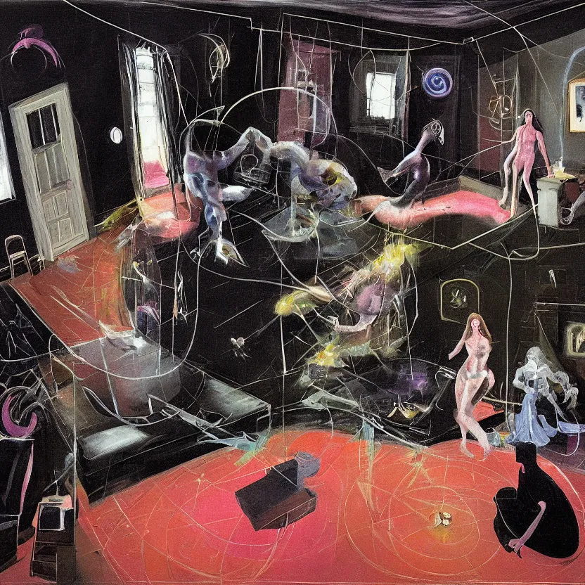 Image similar to Detailed image of a man and woman start to bounce in a living room of a house, floating dark energy surrounds the middle of the room. There is one living room plant to the side of the room, surrounded by a background of dark cyber mystic alchemical transmutation heavenless realm, by francis bacon and Jenny seville, midnight hour, part by adrian ghenie, part by jeffrey smith, part by josan gonzales, part by norman rockwell, part by phil hale, part by kim dorland, artstation, highly detailed