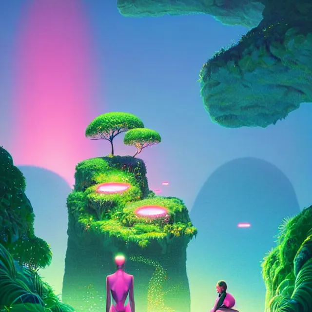 Image similar to a natalie portman sitting on rock, surrounded by bio - luminescent, glowing peaceful serene sentient solarpunk, jungle. in the style of katamari damacy, scattered glowing pink fireflies, soft vaporwave liminal aesthetic. 3 d blender by tomer hanuka, greg rutkowski, beeple, sharp focus, digital painting, concept art