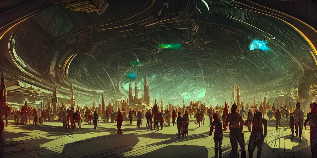 Image similar to cel shaded cinematic shot of the interior of a sci-fi space station with ornate Elven architecture bustling with people, cars, epic castle, emerald, crystalline, detailed illustration, sharp focus, concept art