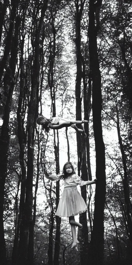 Prompt: old film photo of a young girl floating in the air in a forest, magical dark and spooky, flash photography, young face