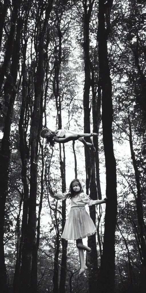 Image similar to old film photo of a young girl floating in the air in a forest, magical dark and spooky, flash photography, young face