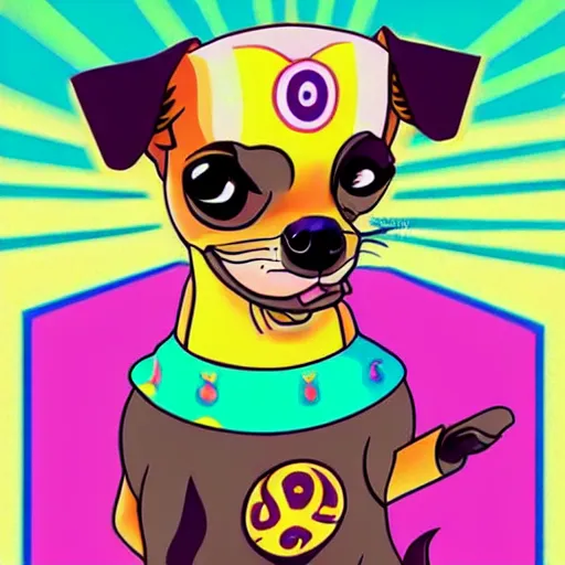 Image similar to a chihuahua with a third eye living in an extradimensional reality, in the style of goof troop, illustration, epic, realistic, hyper detailed, smooth