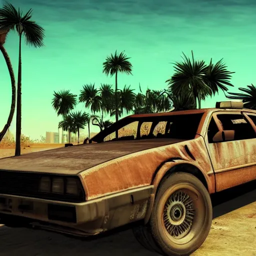 Image similar to wasteland hotline miami desert apocalypse car on fire oil leaking black liquid wasteland war destroyed wide shot landscape nuke fire craters end of the world miami beach sunset palm trees 80s delorean unreal engine style