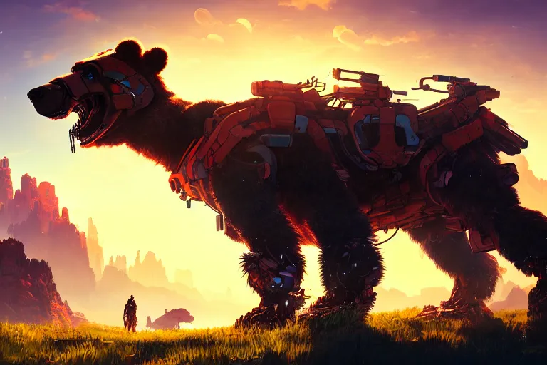 Image similar to bear - tank machine mecanical creature robot of horizon forbidden west horizon zero dawn radiating a glowing aura global illumination ray tracing hdr fanart arstation by ian pesty and alena aenami artworks in 4 k