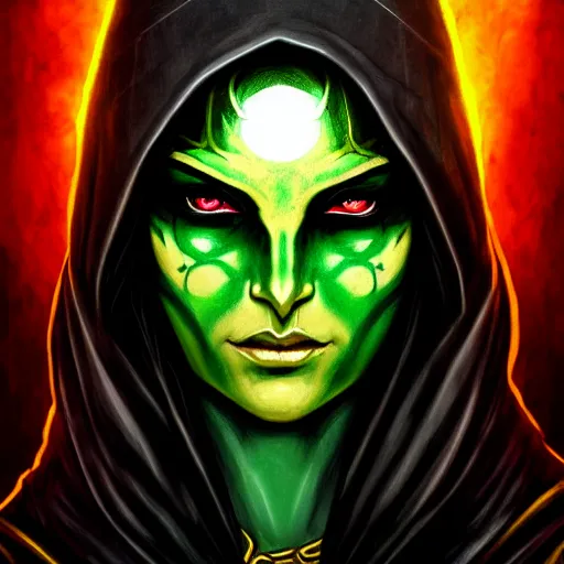 Image similar to intimidating portrait commission of a D&D cult leader wearing black robes and a golden mask. green eyes like spawn. Black Background with red swirls. character design by charlie bowater, detailed, inked, western comic book art