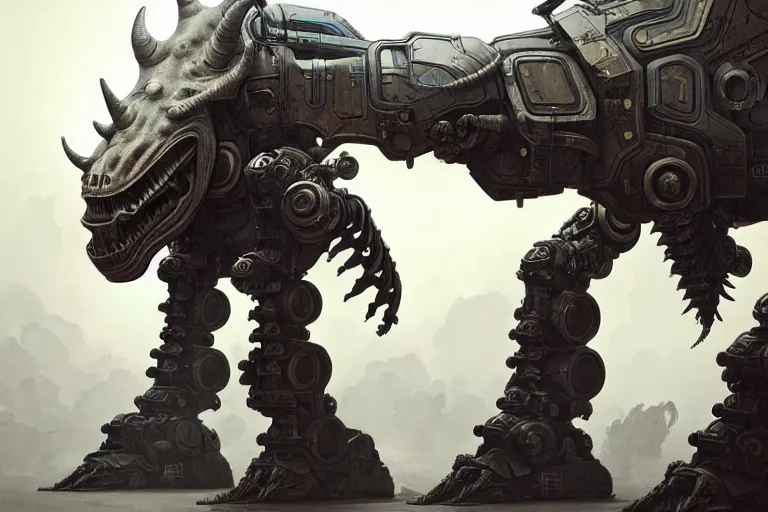 Image similar to triceratops in a cyborg mech suit, by alexandre ferra, zezhou chen, peter gric, mohamed reda and hr giger, hyper detailed, screen print, character concept art, realistic, coherent, octane render, zbrush central, behance hd, hypermaximalist