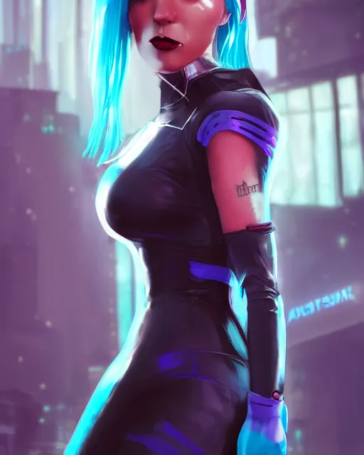 Prompt: Portrait of a futuristic rogue by Charlie Bowater, latex dress, gothic, short blue and pink hair, complementary rim lights, backlit, posing, cyberpunk city background