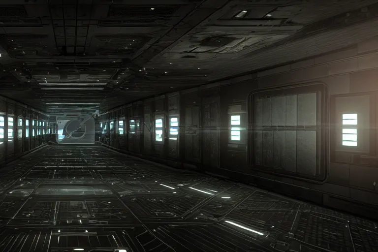 Image similar to a realistic rendering of a dark spacecraft interior, corridor, rows of doors, sparks from ceiling lights in the style of dead space, depth of field, anamorphic lens, sci - fi color grade