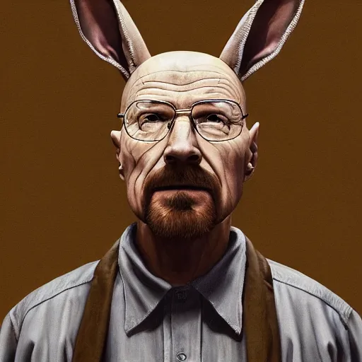 Image similar to Walter White is an anthropomorphic rabbit, physically accurate, very dramatic dynamic lighting, intricate, very very elegant, highly detailed, digital painting, artstation, very hyperrealistic, HR GIGER, Hieronymus Bosch, Francis Bacon, concept art, smooth, sharp focus, illustration, art by artgerm and greg rutkowski and alphonse mucha