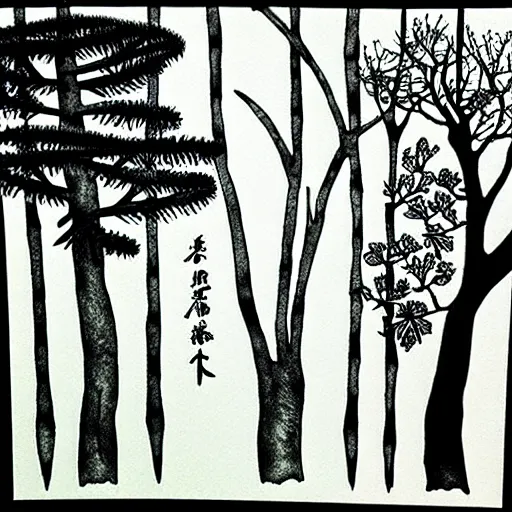 Image similar to zen, forest, birds, ink