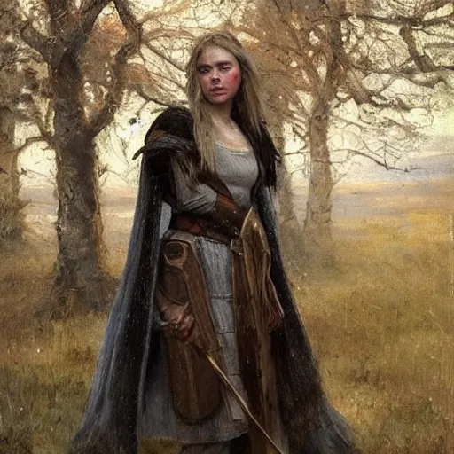 Image similar to Richard Schmid and Jeremy Lipking full length portrait painting of A shield-maiden (Old Norse: skjoldmø [ˈskjɑldˌmɛːz̠]) was a female warrior from Scandinavian folklore and mythology. Shield-maidens are often mentioned in sagas such as Hervarar saga ok Heiðreks and in Gesta Danorum. They also appear in stories of other Germanic peoples: Goths, Cimbri, and Marcomanni.[1] The mythical Valkyries may have been based on such shield-maidens. She carries a shield on one arm, and a spear in her other hand