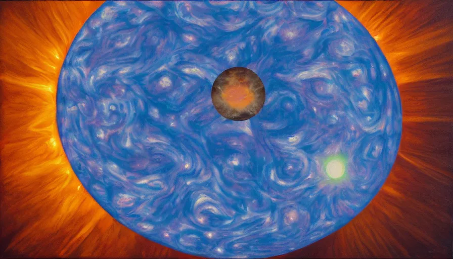 Image similar to the sun seen from earth with a hexagonal shield in between, oil painting