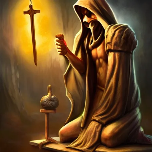 Image similar to a hooded cultist is stabbing a banana placed on an altar, in front of a stone statue of a forgotten god, by patrick mcenvoy and michael komarck and fantasy flight, incredible quality, trending on artstation