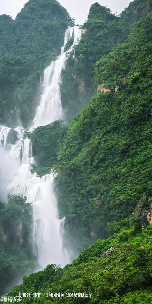 Image similar to a Cloudy peak in southern China with one waterfall, the style of National Geographic magazine