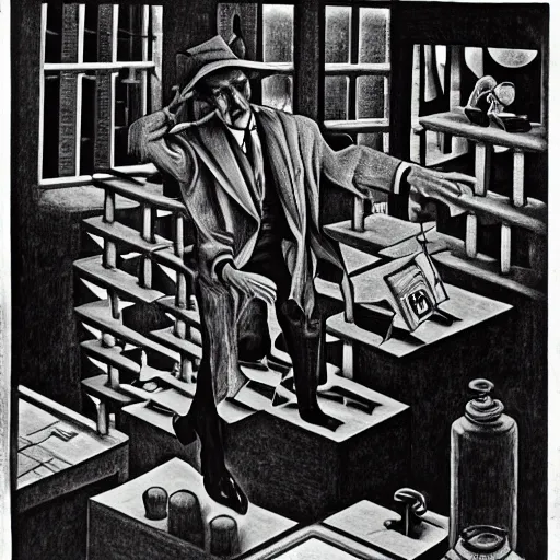 Prompt: the unstable salesman by M.C. Escher