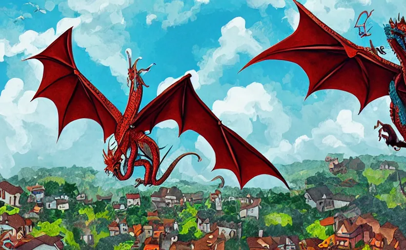 Prompt: dragon flying over a village, storybook, gouache, flat, concept art, lush, sharp focus