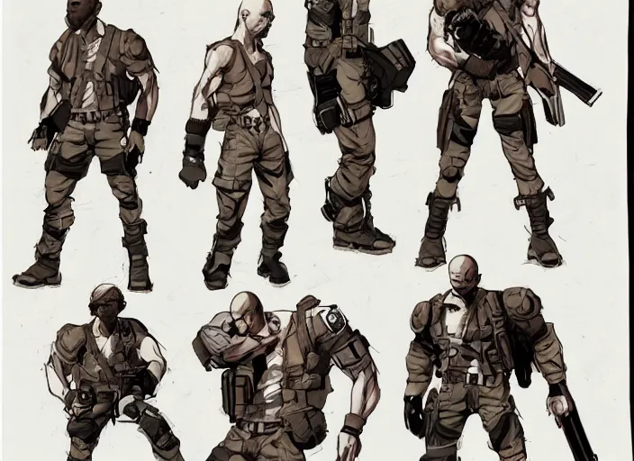 Prompt: character design sheet illustrated by yoji shinakawa, metal gear solid, bald african-american male teenager wearing a white tank-top