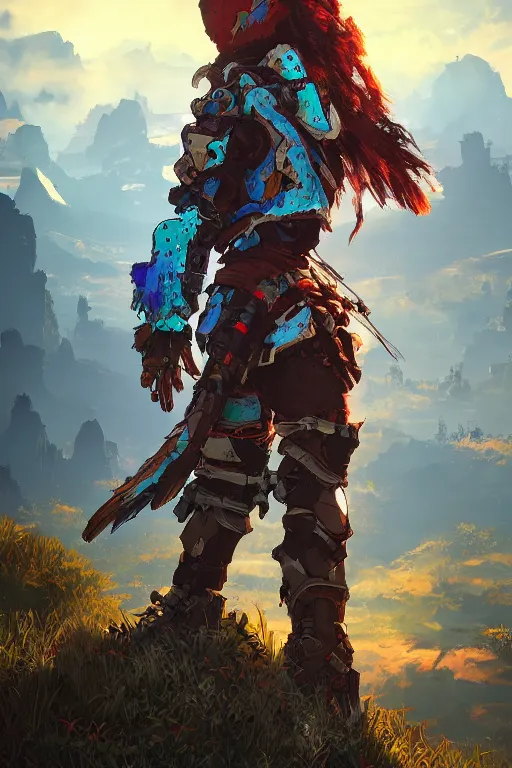 Image similar to combination suit armor aloy horizon forbidden west horizon zero dawn radiating a glowing aura global illumination ray tracing hdr fanart arstation by ian pesty and alena aenami artworks in 4 k tribal robot ninja mask helmet backpack