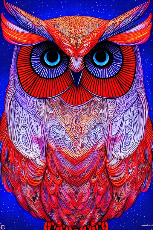 Prompt: glowing owl, white, red and blue colours, highly detailed, digital art, sharp focus, trending on art station