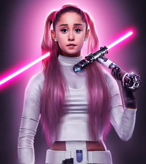 Image similar to A hyper realistic photo of Ariana Grande in the Star Wars universe with two pink lightsabers held in each hand. Maximum detail on artstation, photo realism