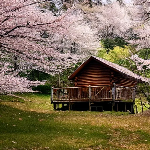 Image similar to forest cabin realistic photography 1 5 0 mpx wide angle lake deer cherry blossom