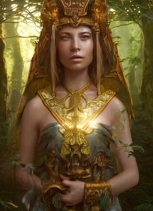 Image similar to Beautiful art portrait of a female fantasy priestess in a bright temple surrounded by lush forest, atmospheric lighting, intricate detail, cgsociety, hyperrealistic, octane render, RPG portrait, ambient light, dynamic lighting