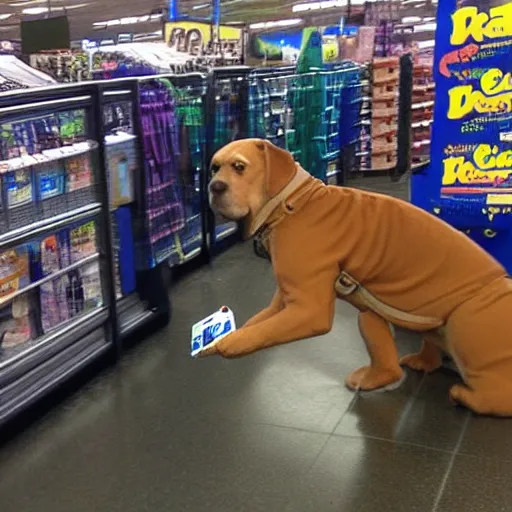 Image similar to drunken scooby at walmart checkout, realistic, cctv