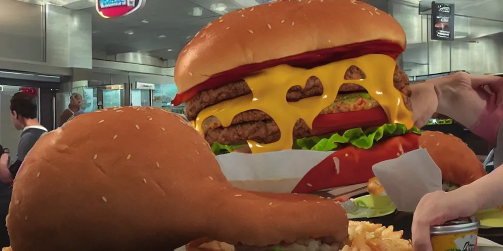 Image similar to Eldritch creature consuming a very large hamburger from McDonalds