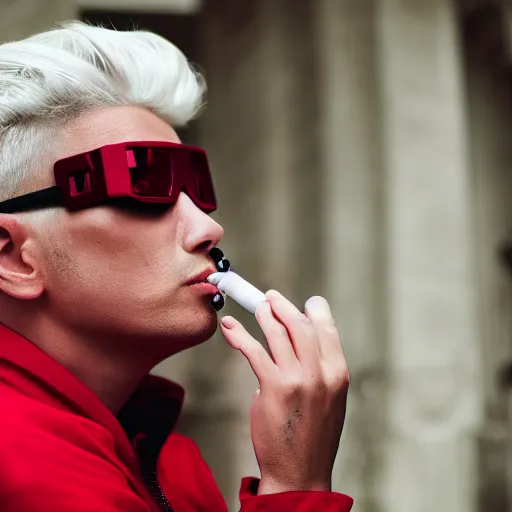 Prompt: young man in red jacket and white shirt, white hair, round goggles, smoking cigarette, character portrait, sharp focus, 4 k